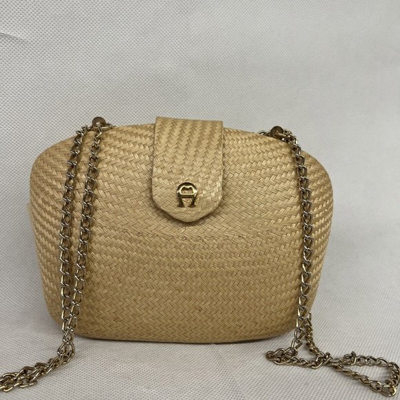 Etienne Aigner Handbags - Etienne Aigner Straw Handbag Purse Chain Clutch Trim Gold Hardware Vtg Tan Brown
